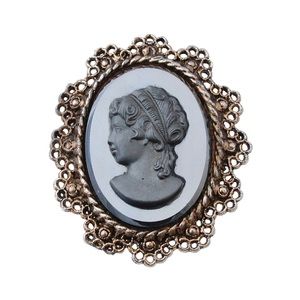 Vintage Hematite Glass Cameo Brooch / Pendant Left Facing Woman Bronze Tone